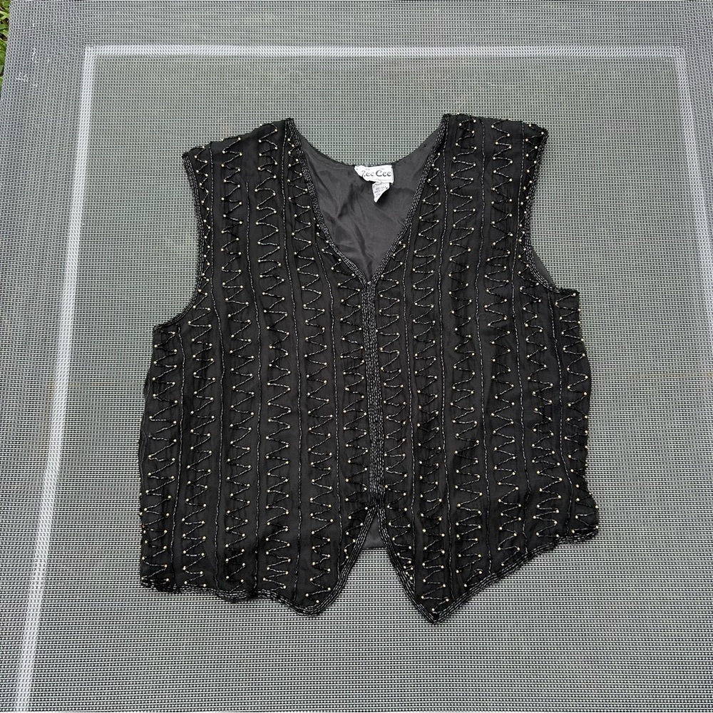 Vintage silk beaded black vest by ceecee‎ size large gold retro 90s fall winter